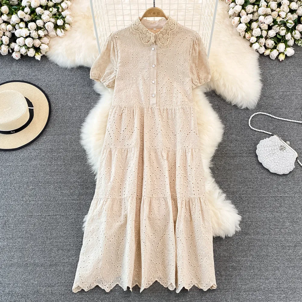 2022 Summer Doll Collar Hollow Puff Sleeve Dress Elegant Long Dress 450