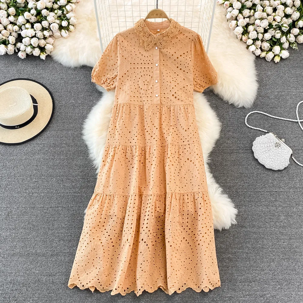 2022 Summer Doll Collar Hollow Puff Sleeve Dress Elegant Long Dress 450
