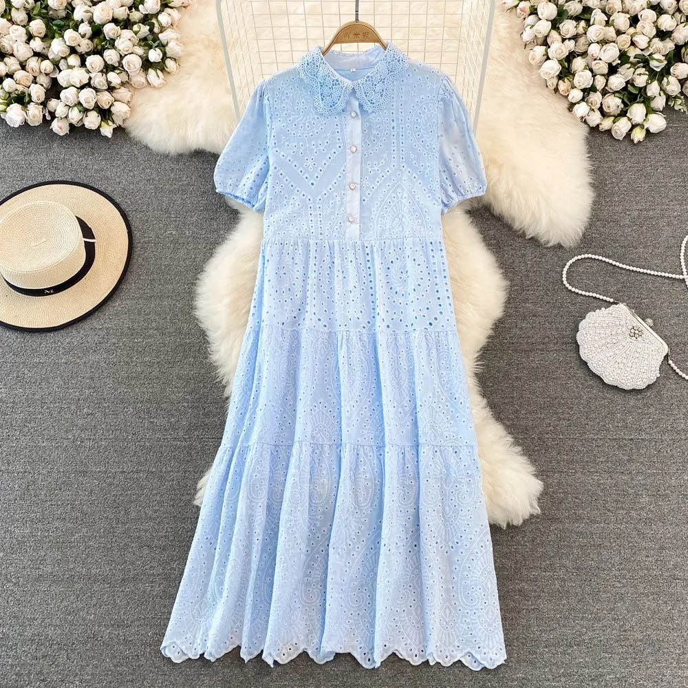 2022 Summer Doll Collar Hollow Puff Sleeve Dress Elegant Long Dress 450