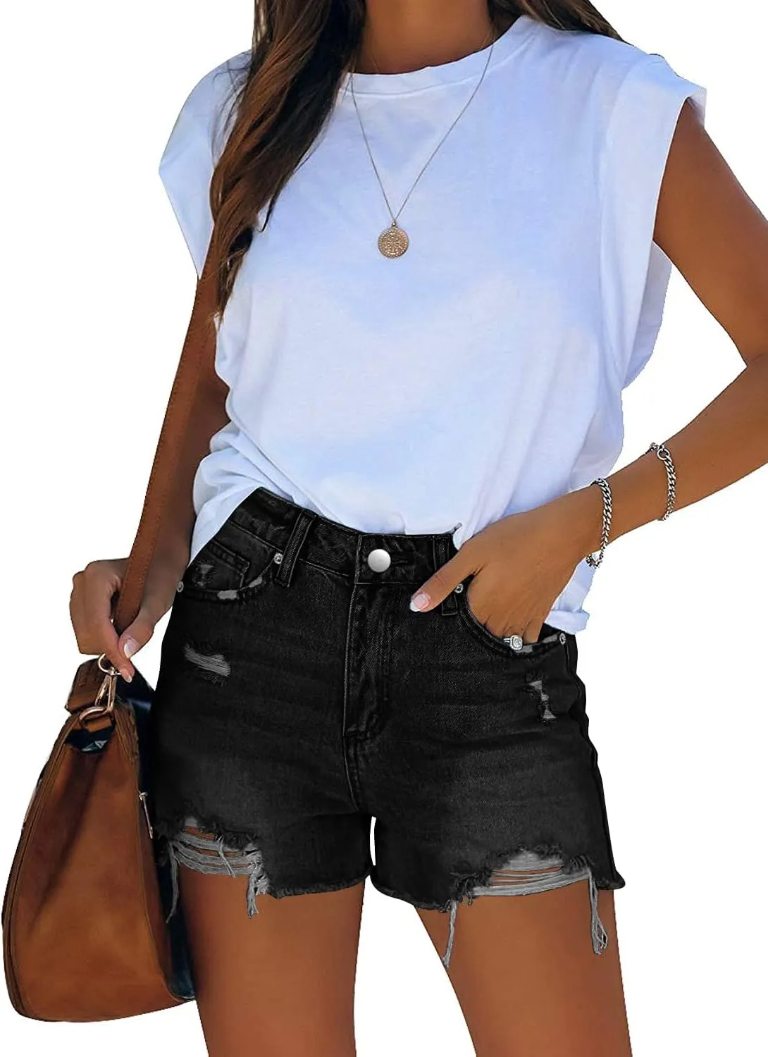 Angerella Women's Denim Shorts Mid Rise Ripped Jean Short
