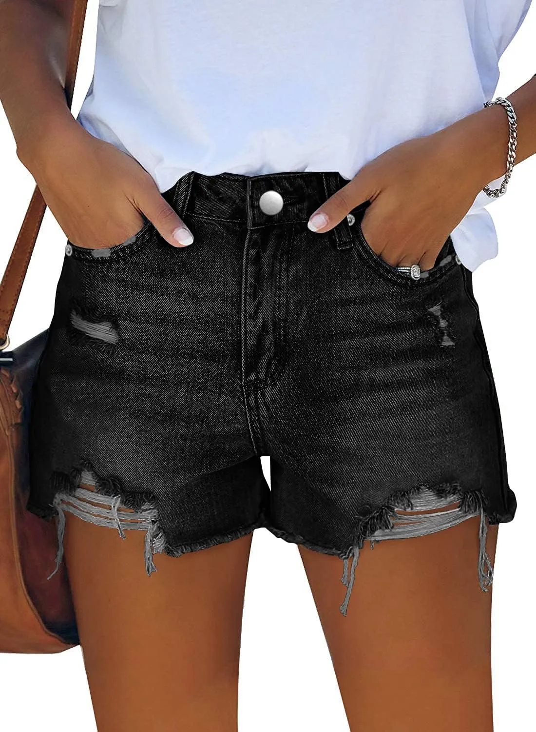 Angerella Women's Denim Shorts Mid Rise Ripped Jean Short
