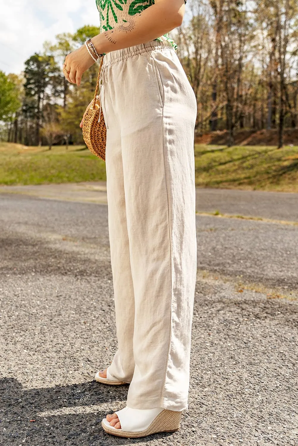 Apricot Linen Palazzo Pants with Elastic Waistband
