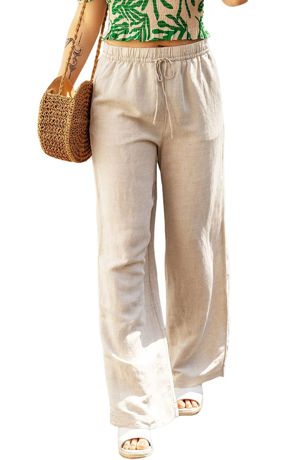 Apricot Linen Palazzo Pants with Elastic Waistband