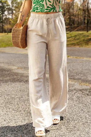 Apricot Linen Palazzo Pants with Elastic Waistband