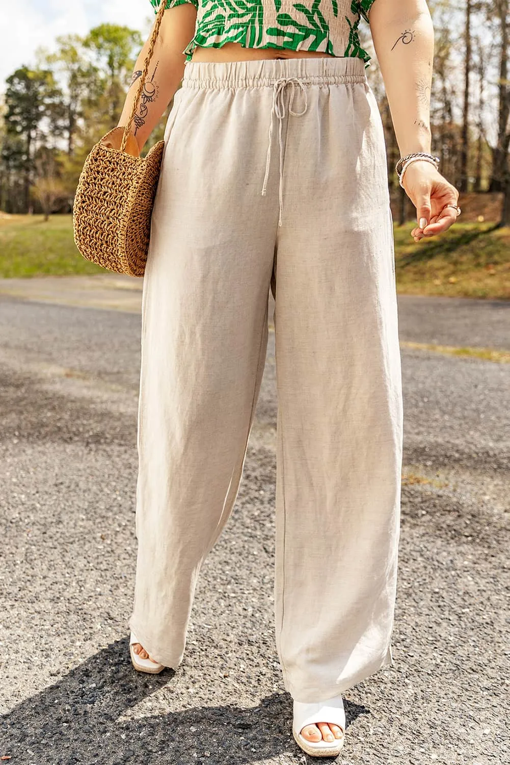 Apricot Linen Palazzo Pants with Elastic Waistband