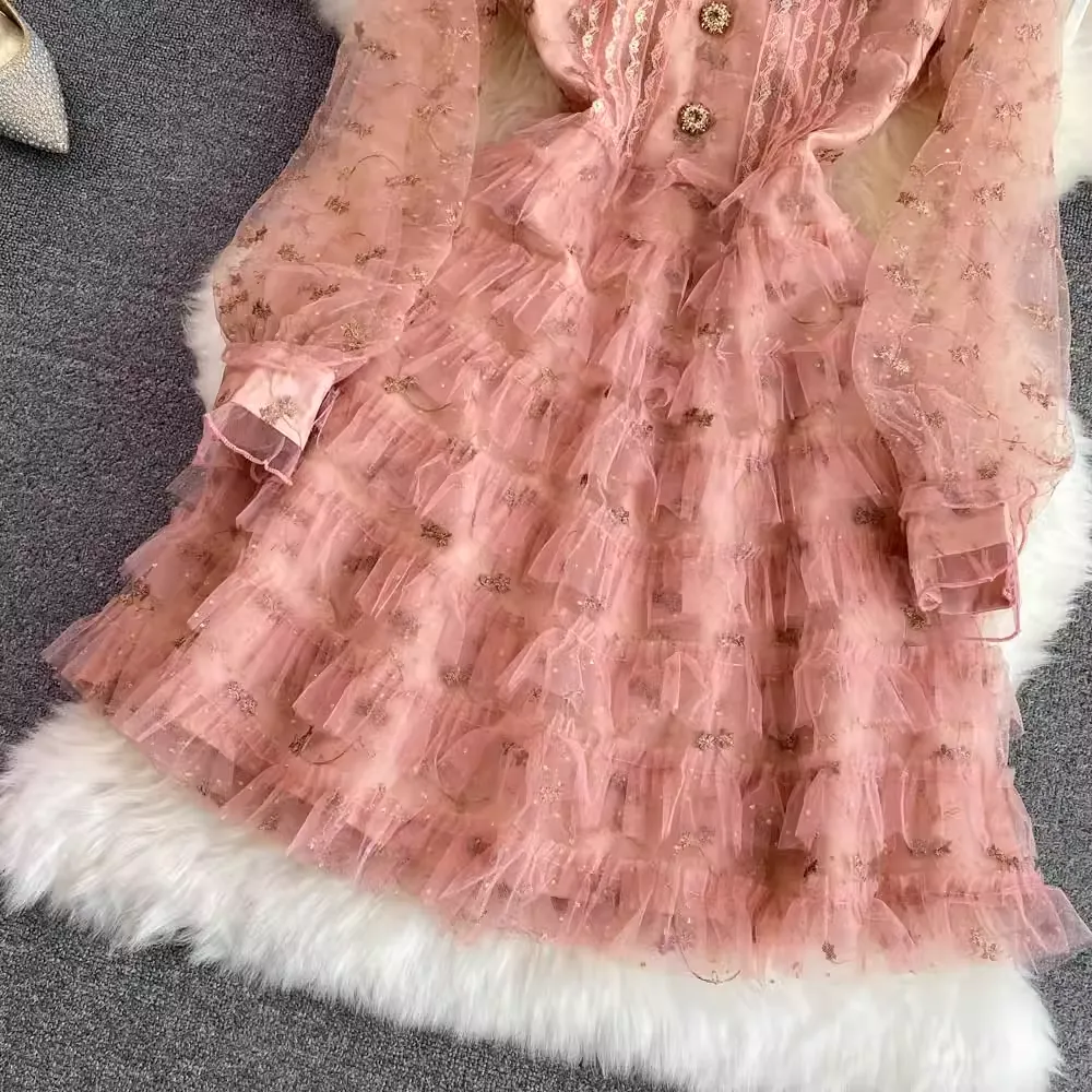 Autumn Sweet Doll Collar Embroidered Mesh A-line Cake Dress 1774