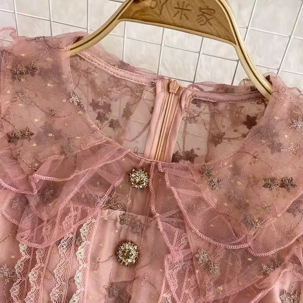 Autumn Sweet Doll Collar Embroidered Mesh A-line Cake Dress 1774