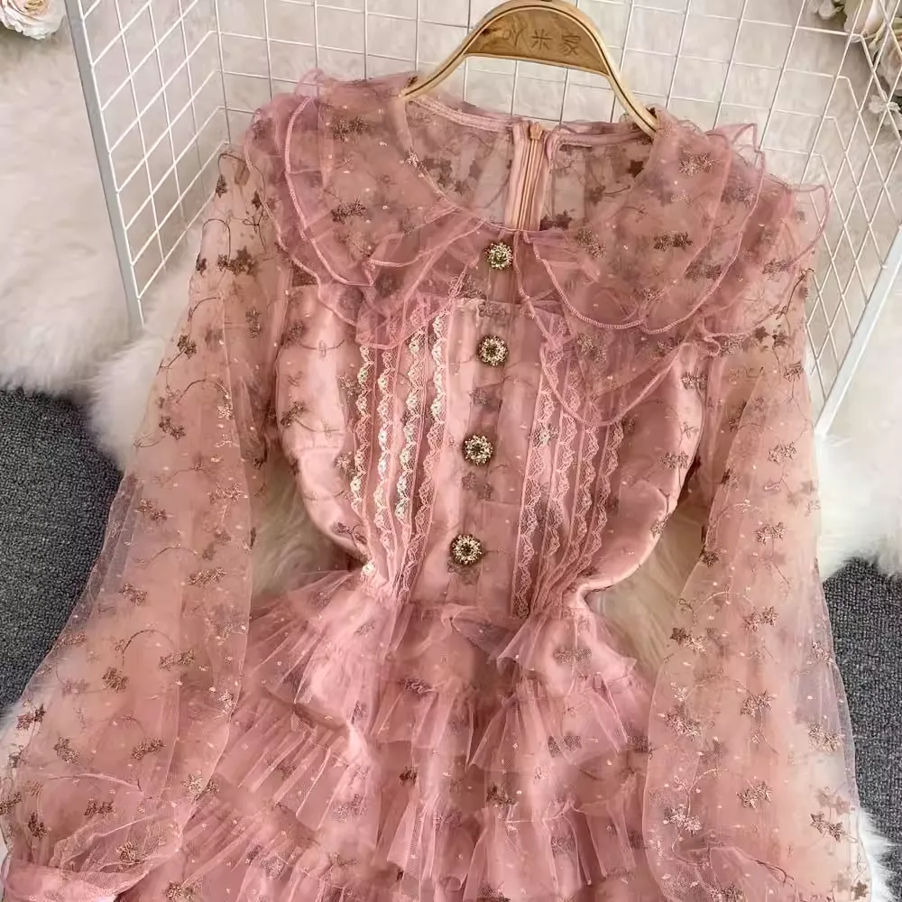 Autumn Sweet Doll Collar Embroidered Mesh A-line Cake Dress 1774