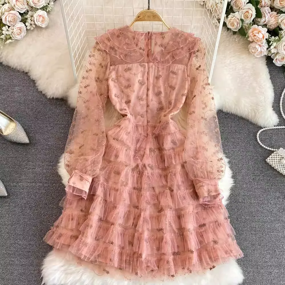 Autumn Sweet Doll Collar Embroidered Mesh A-line Cake Dress 1774