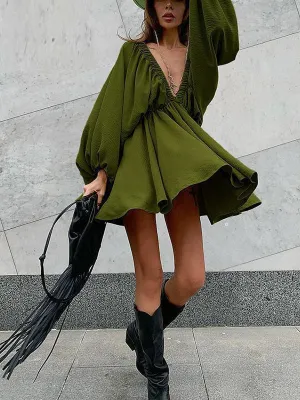 Barbie High Waist Dress Green Pleated Dresses Backless Lantern Sleeve