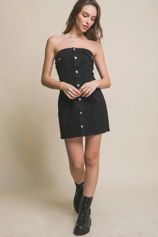 Black Denim Tube Sleeveless Button Short Dress