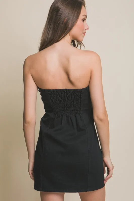 Black Denim Tube Sleeveless Button Short Dress