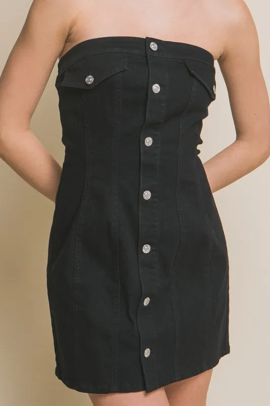 Black Denim Tube Sleeveless Button Short Dress