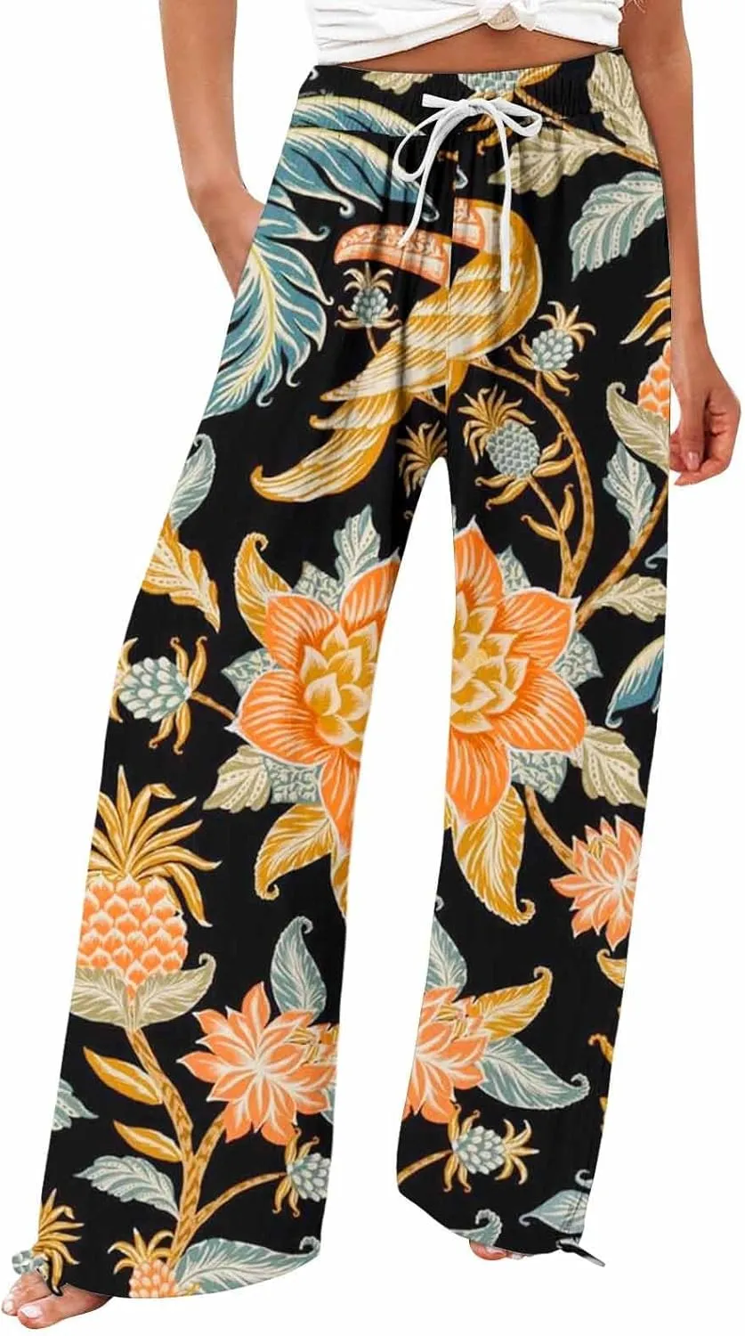 Boho Pants for Women Linen Palazzo Pants 2025 Summer High Waisted Boho Wide Leg Lounge Pant Trousers with Pocket