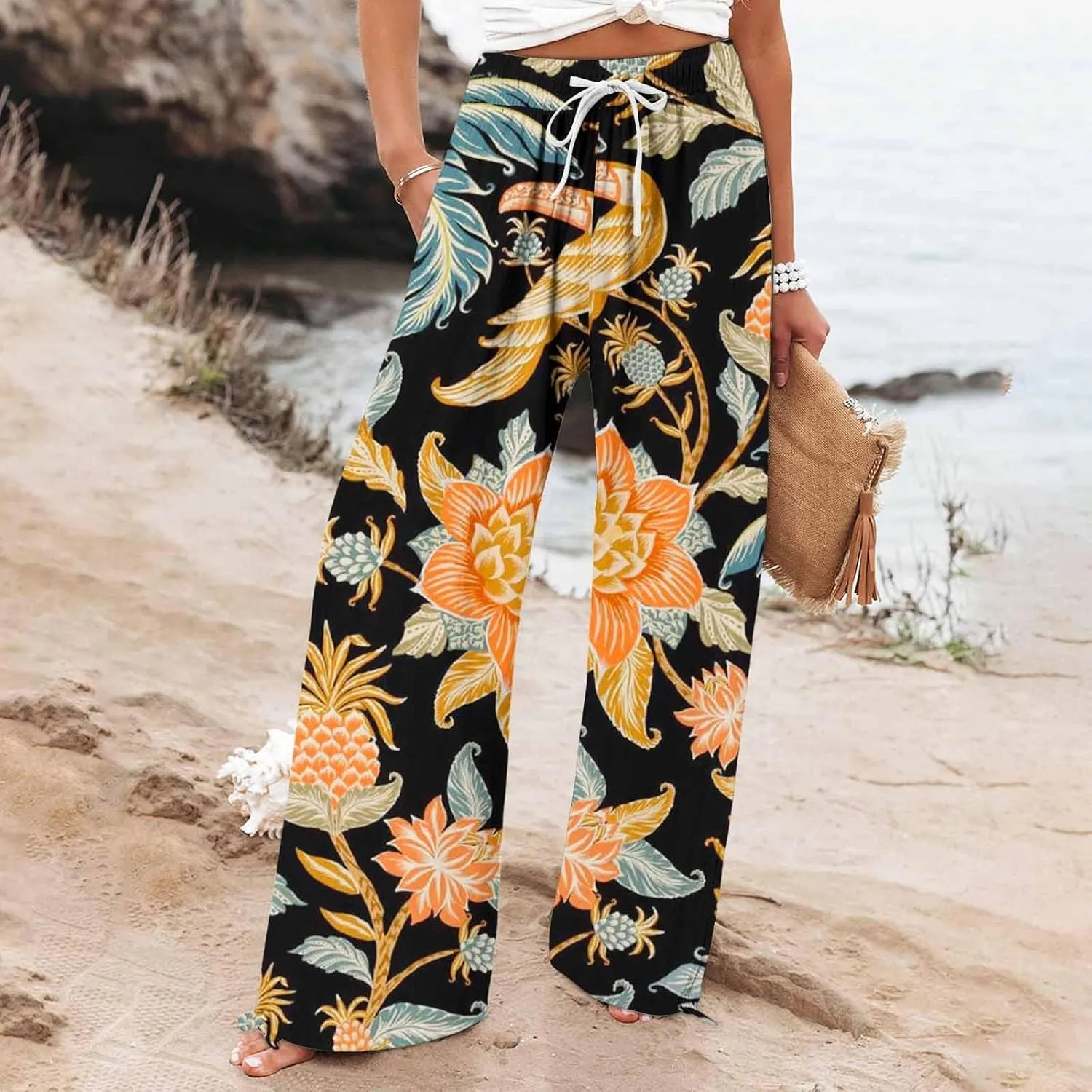 Boho Pants for Women Linen Palazzo Pants 2025 Summer High Waisted Boho Wide Leg Lounge Pant Trousers with Pocket