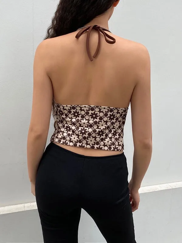 Brown Floral Print Halter Tops