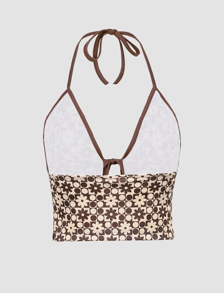 Brown Floral Print Halter Tops