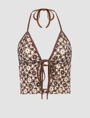 Brown Floral Print Halter Tops