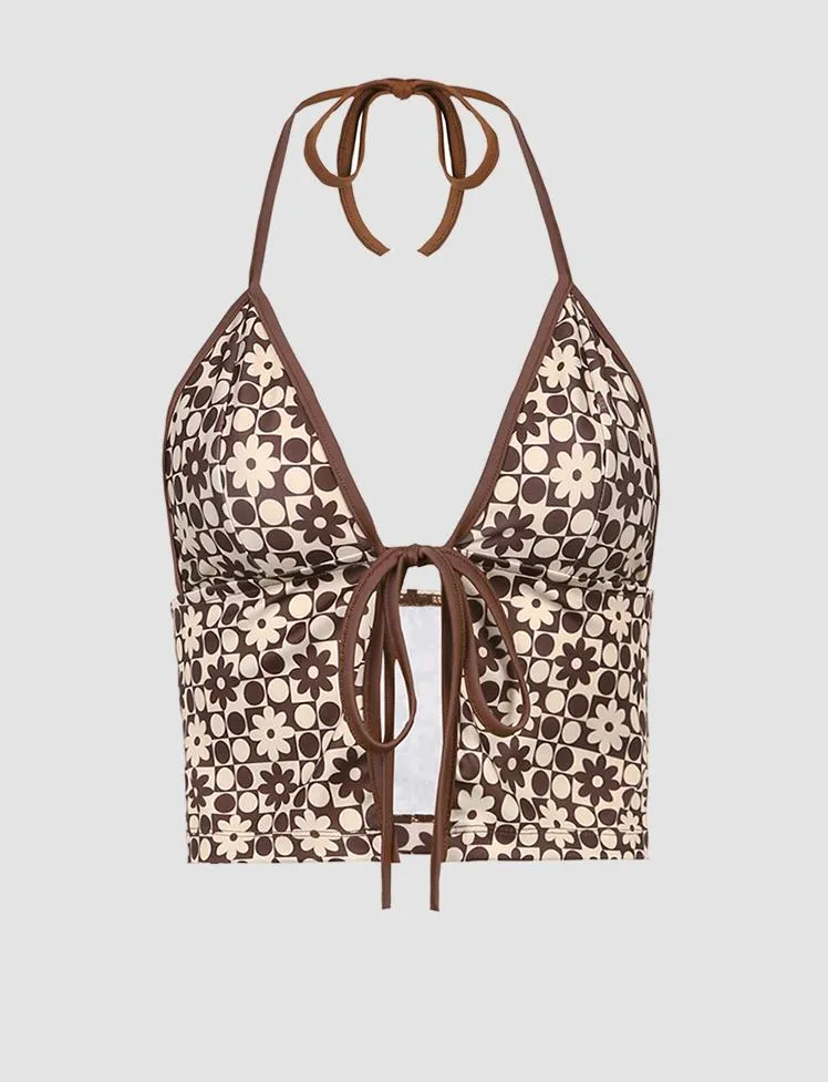 Brown Floral Print Halter Tops