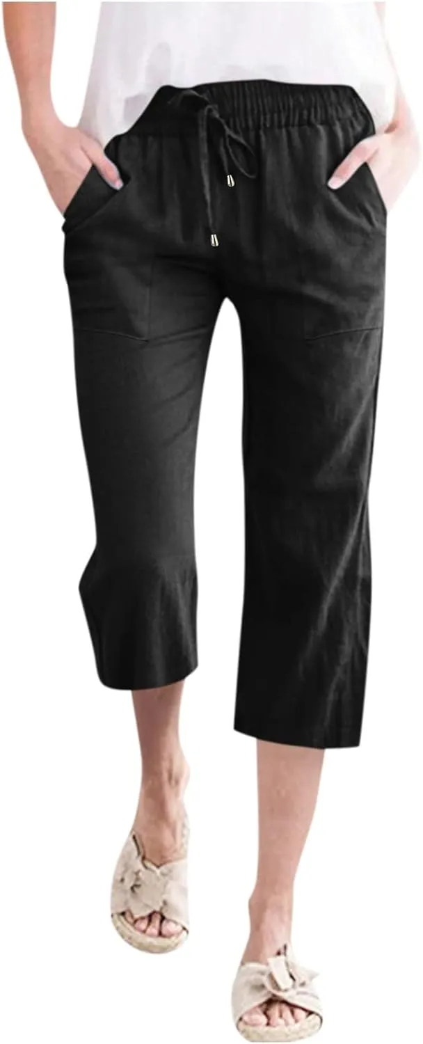 Capris Pants for Women Cotton Linen Casual Summer 2025 Straight Leg Loose Drawstring Elastic Waist Cropped Trouser