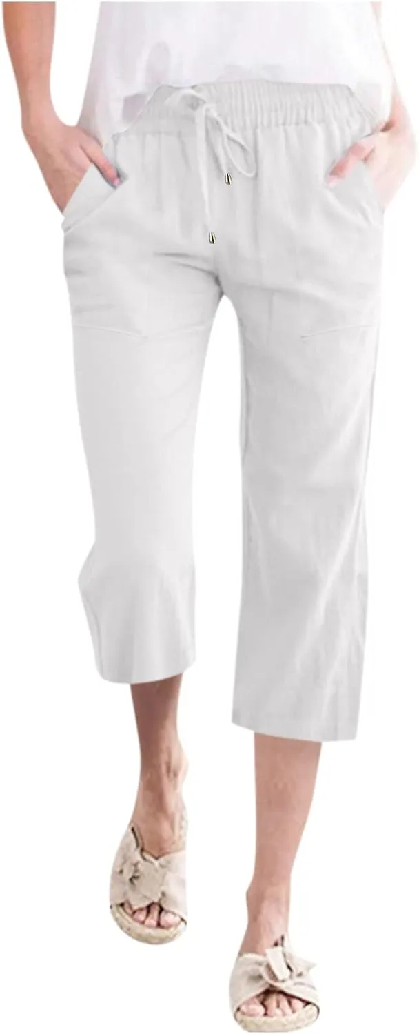 Capris Pants for Women Cotton Linen Casual Summer 2025 Straight Leg Loose Drawstring Elastic Waist Cropped Trouser