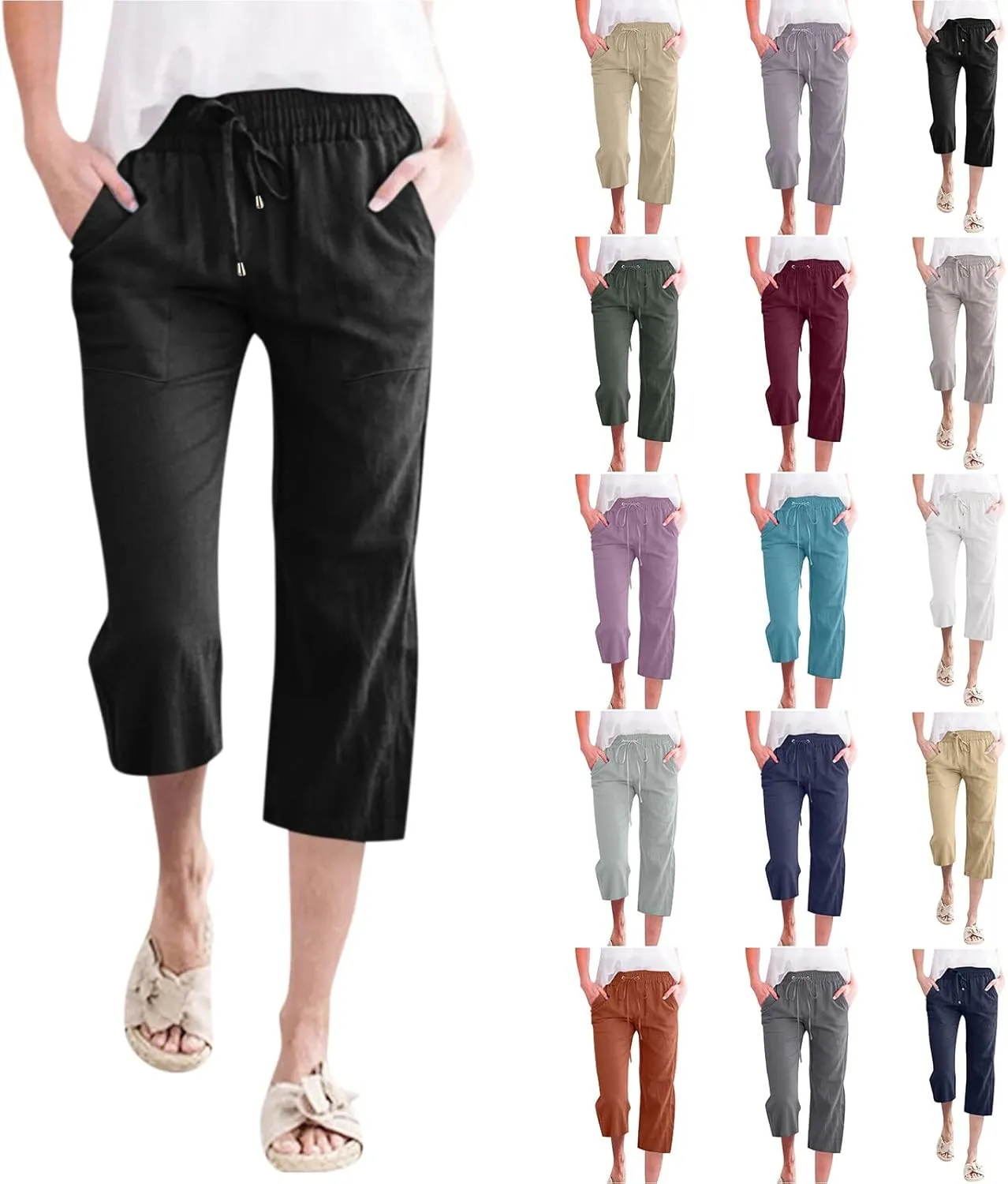 Capris Pants for Women Cotton Linen Casual Summer 2025 Straight Leg Loose Drawstring Elastic Waist Cropped Trouser