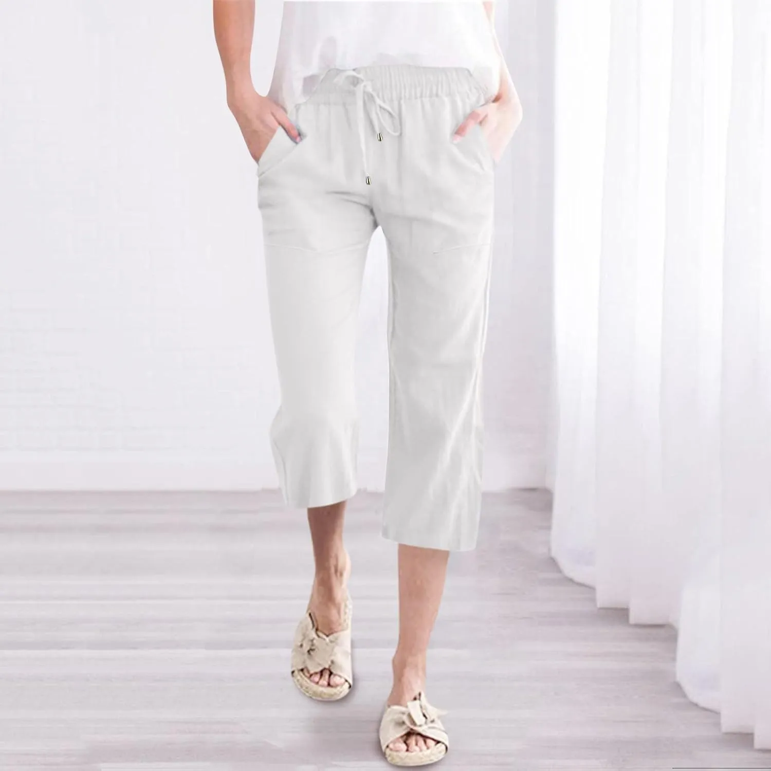 Capris Pants for Women Cotton Linen Casual Summer 2025 Straight Leg Loose Drawstring Elastic Waist Cropped Trouser
