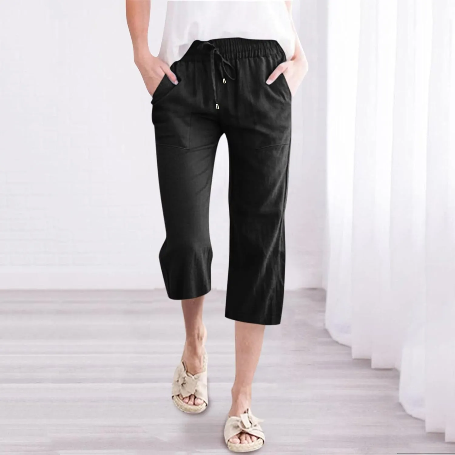 Capris Pants for Women Cotton Linen Casual Summer 2025 Straight Leg Loose Drawstring Elastic Waist Cropped Trouser