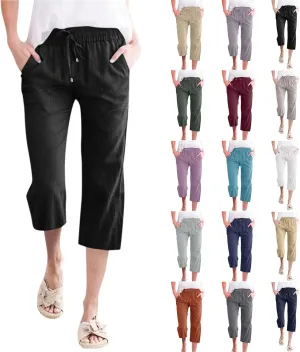 Capris Pants for Women Cotton Linen Casual Summer 2025 Straight Leg Loose Drawstring Elastic Waist Cropped Trouser