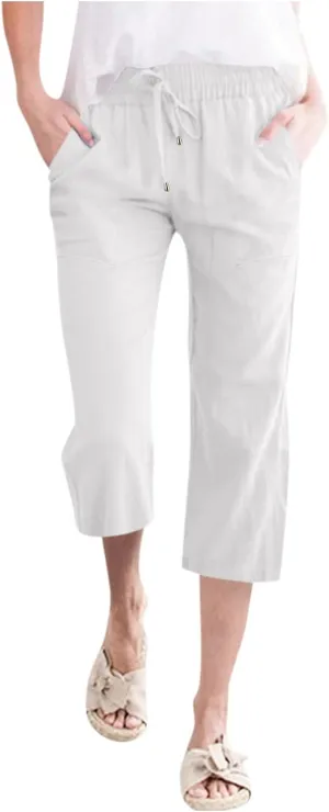 Capris Pants for Women Cotton Linen Casual Summer 2025 Straight Leg Loose Drawstring Elastic Waist Cropped Trouser