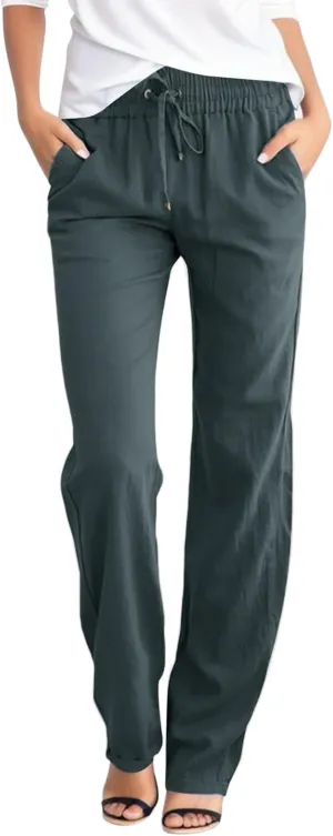Capris Pants for Women Cotton Linen Casual Summer Straight Wide Leg Loose Drawstring Elastic Waist Cropped Trouser