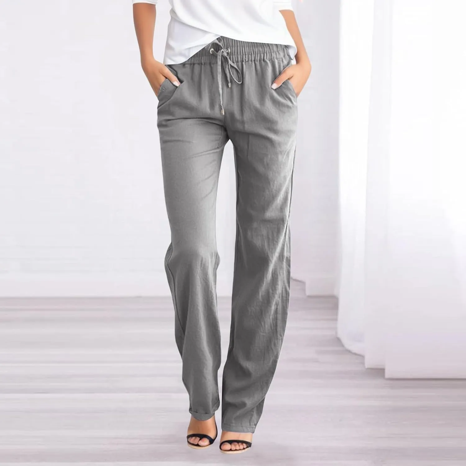 Capris Pants for Women Cotton Linen Casual Summer Straight Wide Leg Loose Drawstring Elastic Waist Cropped Trouser