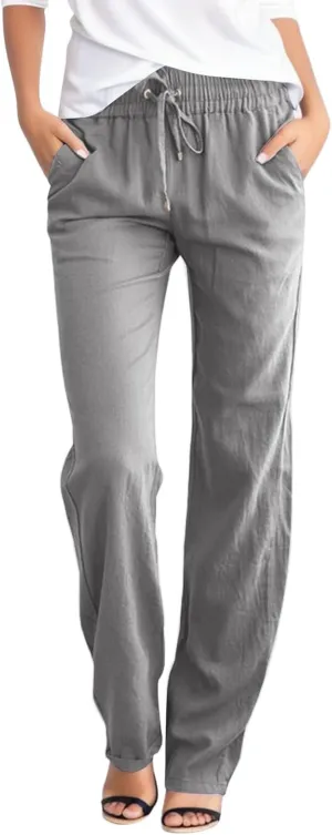 Capris Pants for Women Cotton Linen Casual Summer Straight Wide Leg Loose Drawstring Elastic Waist Cropped Trouser