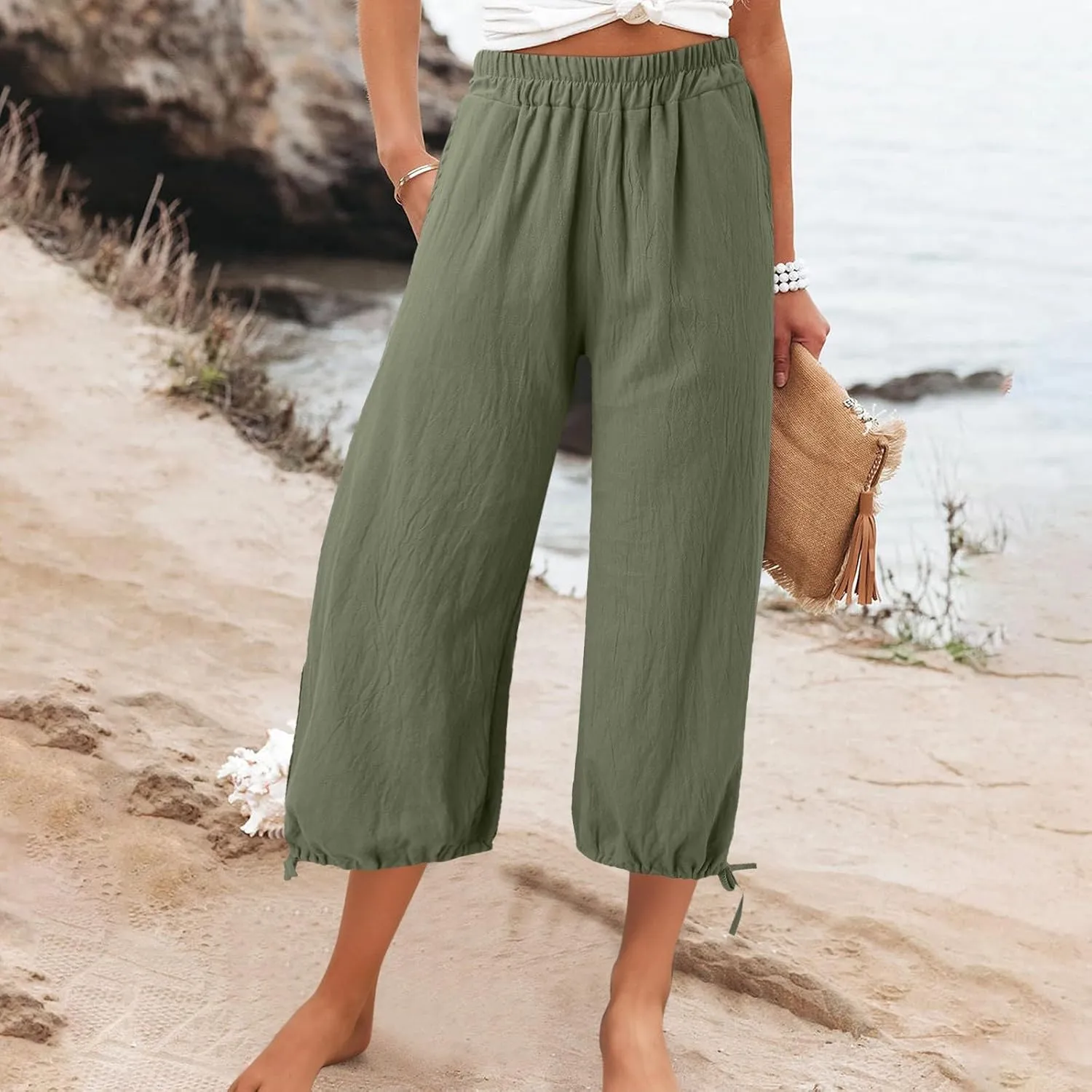 Capris Pants for Women Linen 2025 Casual Summer Straight Wide Leg Loose Smocked Elastic High Waist Cropped Trouser