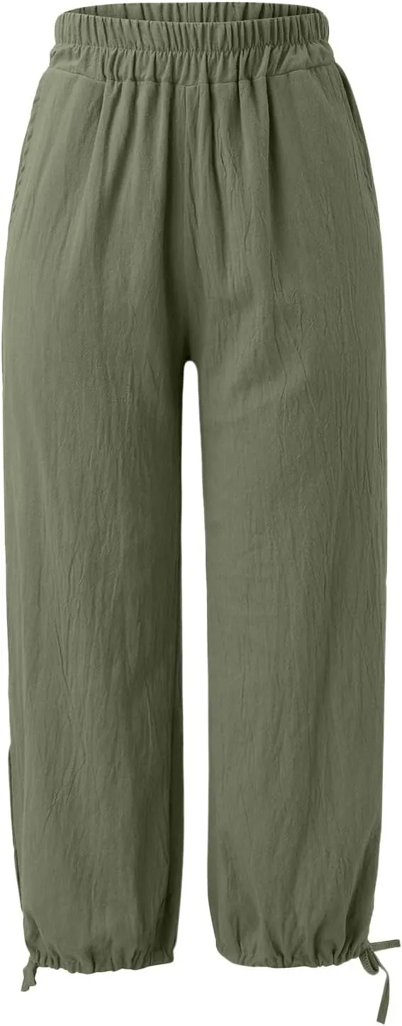 Capris Pants for Women Linen 2025 Casual Summer Straight Wide Leg Loose Smocked Elastic High Waist Cropped Trouser