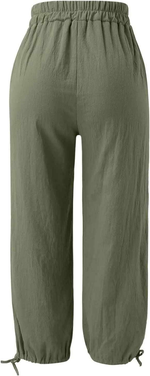 Capris Pants for Women Linen 2025 Casual Summer Straight Wide Leg Loose Smocked Elastic High Waist Cropped Trouser