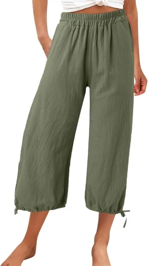 Capris Pants for Women Linen 2025 Casual Summer Straight Wide Leg Loose Smocked Elastic High Waist Cropped Trouser