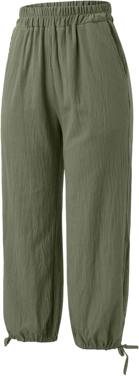 Capris Pants for Women Linen 2025 Casual Summer Straight Wide Leg Loose Smocked Elastic High Waist Cropped Trouser