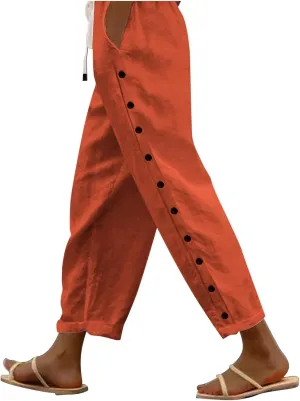 Casual Pants for Women Elastic Waisted Summer Trendy Linen Capri Pants Beach Wide Leg Baggy Cotton Cropped Trousers