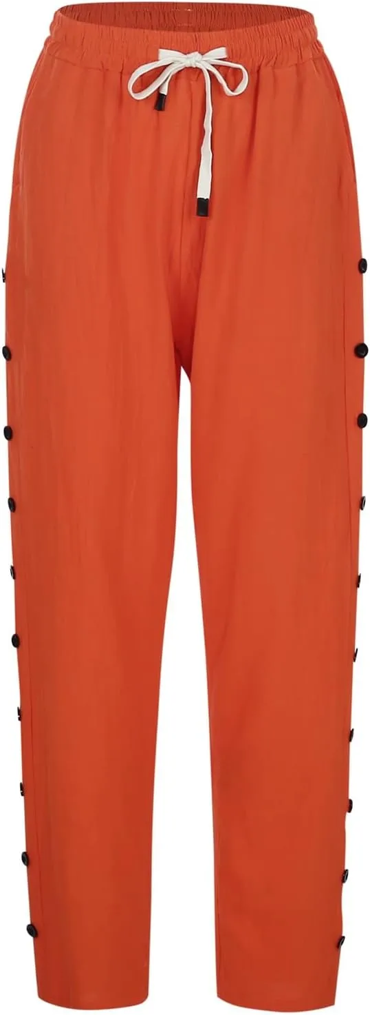 Casual Pants for Women Elastic Waisted Summer Trendy Linen Capri Pants Beach Wide Leg Baggy Cotton Cropped Trousers