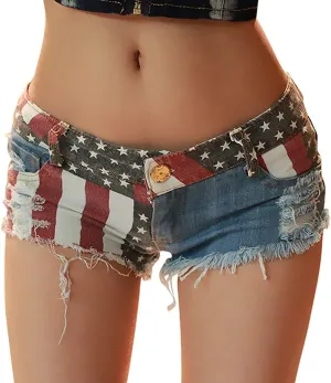 chouyatou Women's Low-Rise American Flag Print Daisy Duke Ripped Denim Shorts