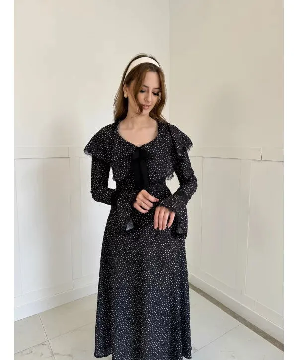 Collar Detailed Polka Dot Maxi Dress SBC-044