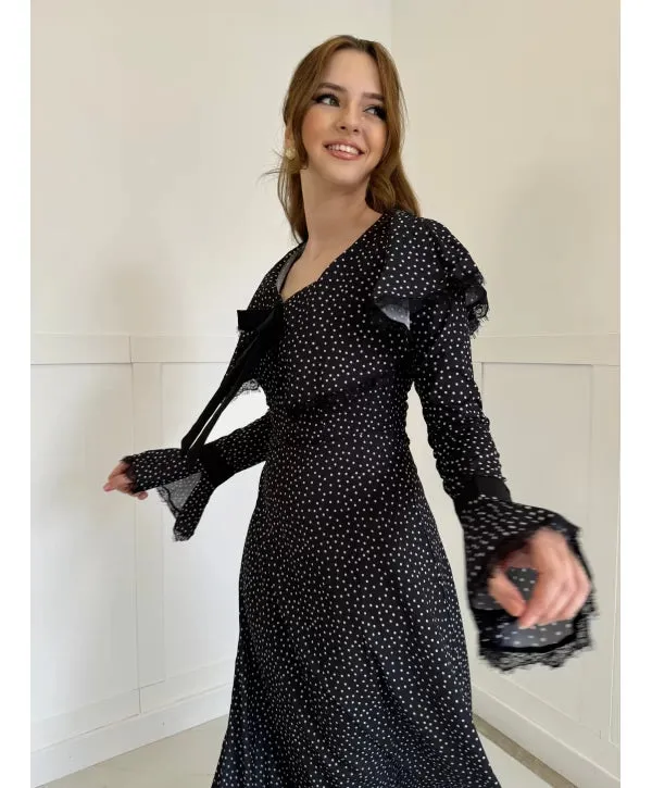 Collar Detailed Polka Dot Maxi Dress SBC-044
