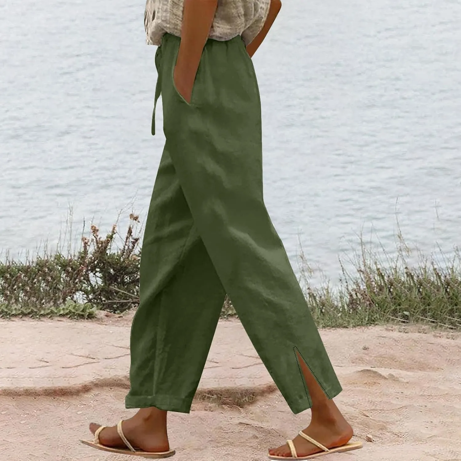 Cottin Linen Womens High Waist Casual Pants Relax Fit Drawstring Elastic Waist with Pockets Leg Lounge Summer Outfits
