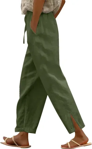Cottin Linen Womens High Waist Casual Pants Relax Fit Drawstring Elastic Waist with Pockets Leg Lounge Summer Outfits