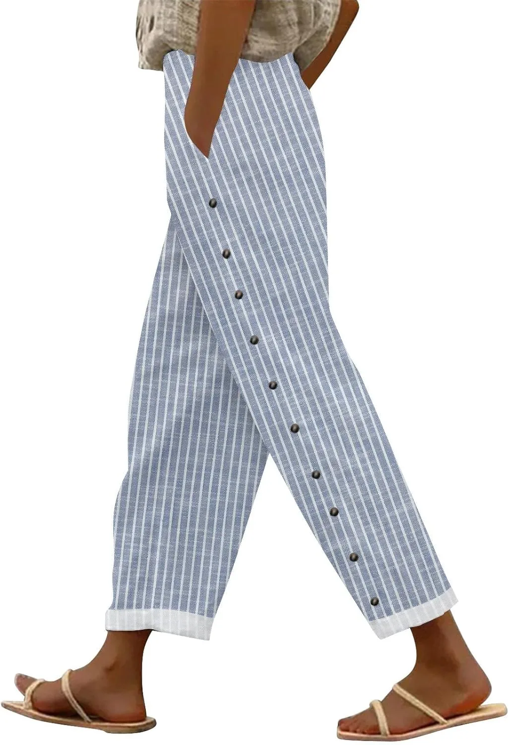 Cottin Linen Womens High Waist Casual Pants Relax Fit Drawstring Elastic Waist with Pockets Leg Lounge Summer Outfits