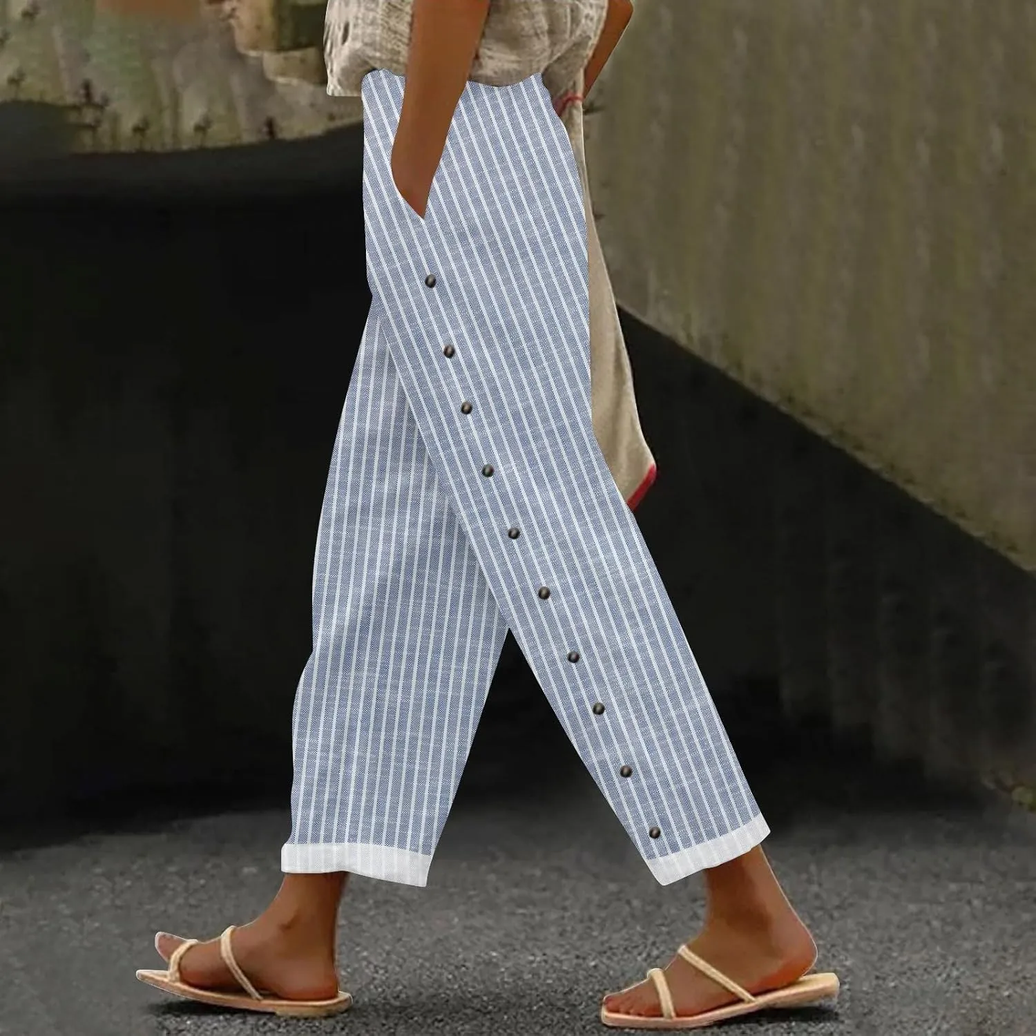 Cottin Linen Womens High Waist Casual Pants Relax Fit Drawstring Elastic Waist with Pockets Leg Lounge Summer Outfits