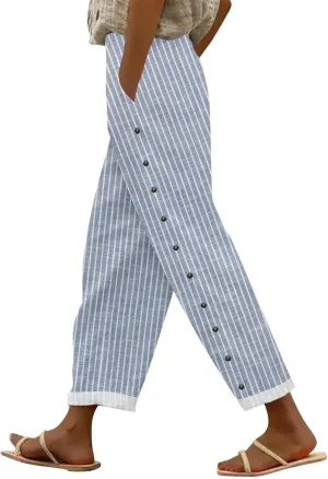 Cottin Linen Womens High Waist Casual Pants Relax Fit Drawstring Elastic Waist with Pockets Leg Lounge Summer Outfits