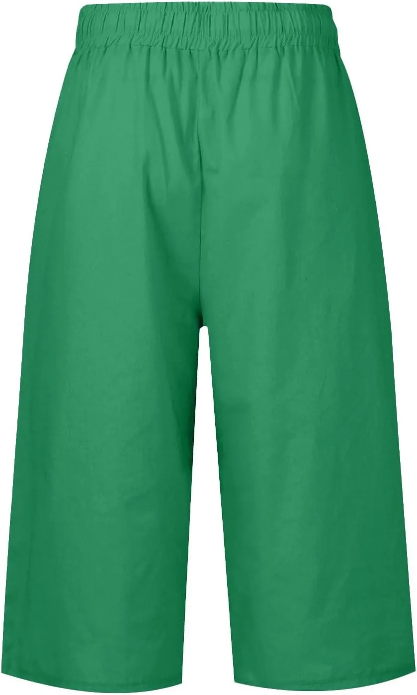 Cotton Linen Capri Pants for Women Casual Elastic Waist Drawstring Wide Leg 3/4 Short Lightweight Summer Beach Capris