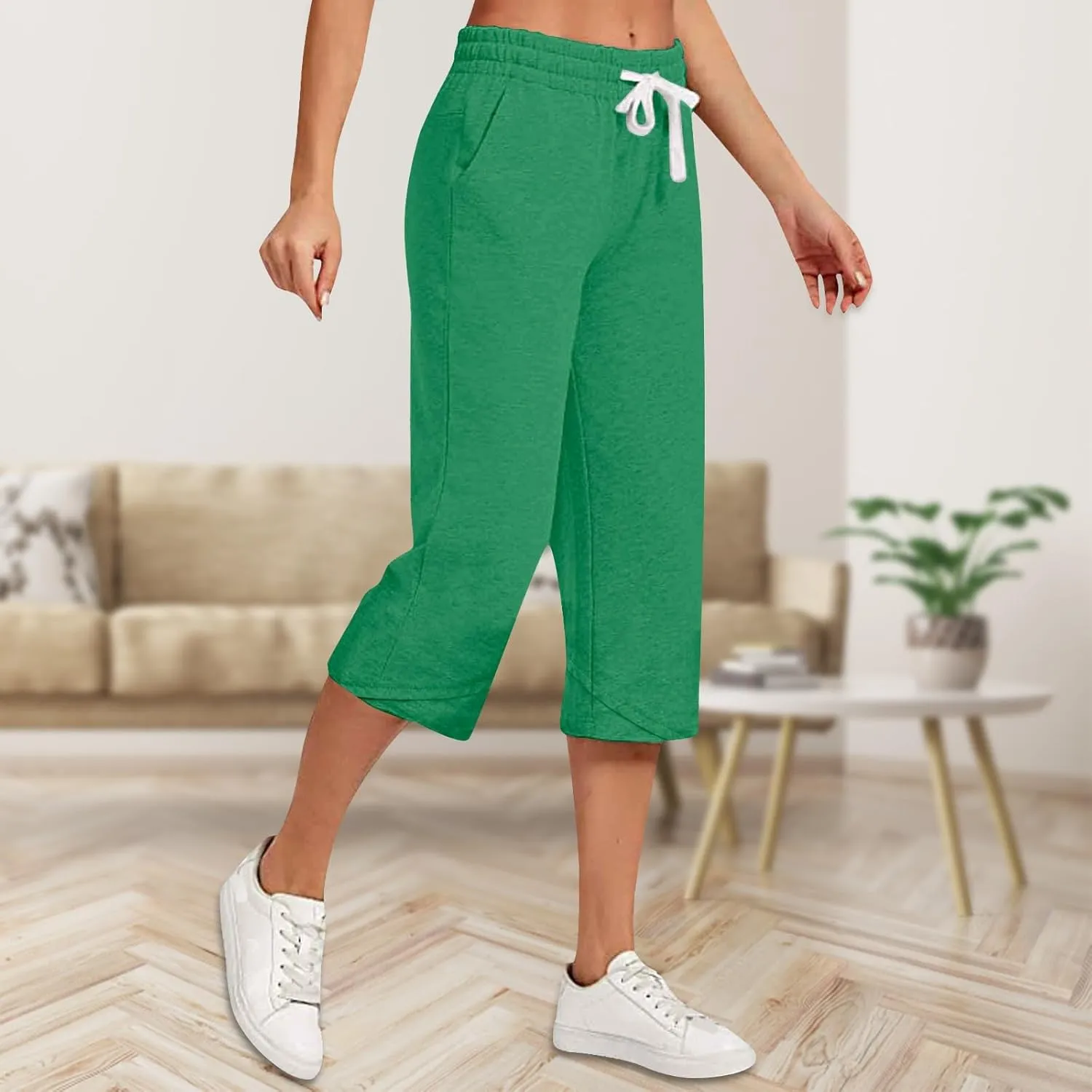 Cotton Linen Capri Pants for Women Casual Elastic Waist Drawstring Wide Leg 3/4 Short Lightweight Summer Beach Capris